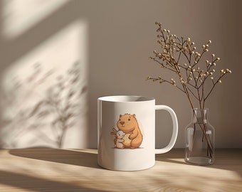 Adorable Capybara and Rabbit White Ceramic Mug 11oz - Perfect for Your Morning Brew! Best Recommended Cute Capybara Mug, Cute Rabbit Mug.