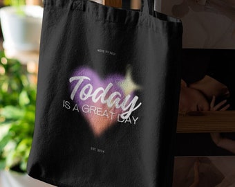 Happy Black Tote Bag 100% Cotton - Manifestation Tote Bag with Inspirational Quote and Aura Heart Tote Bag Today is a Great Day