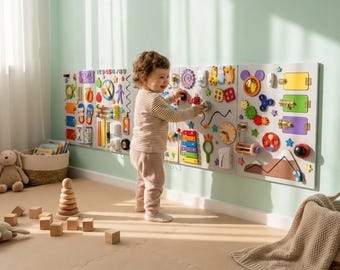 Montessori Busy Board Set, Large Toddler Activity Wall Board with Five Soft Panels for Churches, Schools, Daycare, Gift for Boys and Girls