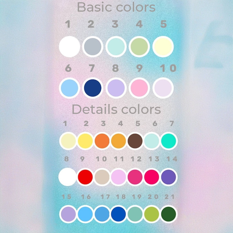 May include: A color chart with the text "Basic colors" and "Details colors". The chart displays a series of numbered color swatches, including white, gray, blue, green, yellow, navy, purple, pink, and various shades of other colors.