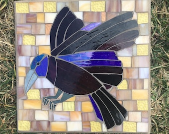 Crow Raven mosaic, garden art, wall plaque