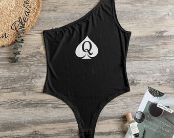 Queen of Spades One-Shoulder Bodysuit, QOS One-Shoulder Bodysuit