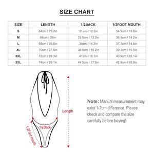 May include: Size chart for a one-piece swimsuit with measurements in inches and centimeters. The chart shows the length, 1/2 back, and 1/2 foot mouth measurements for sizes S, M, L, XL, 2XL, and 3XL. The chart also includes a diagram of the swimsuit with the measurements labeled.