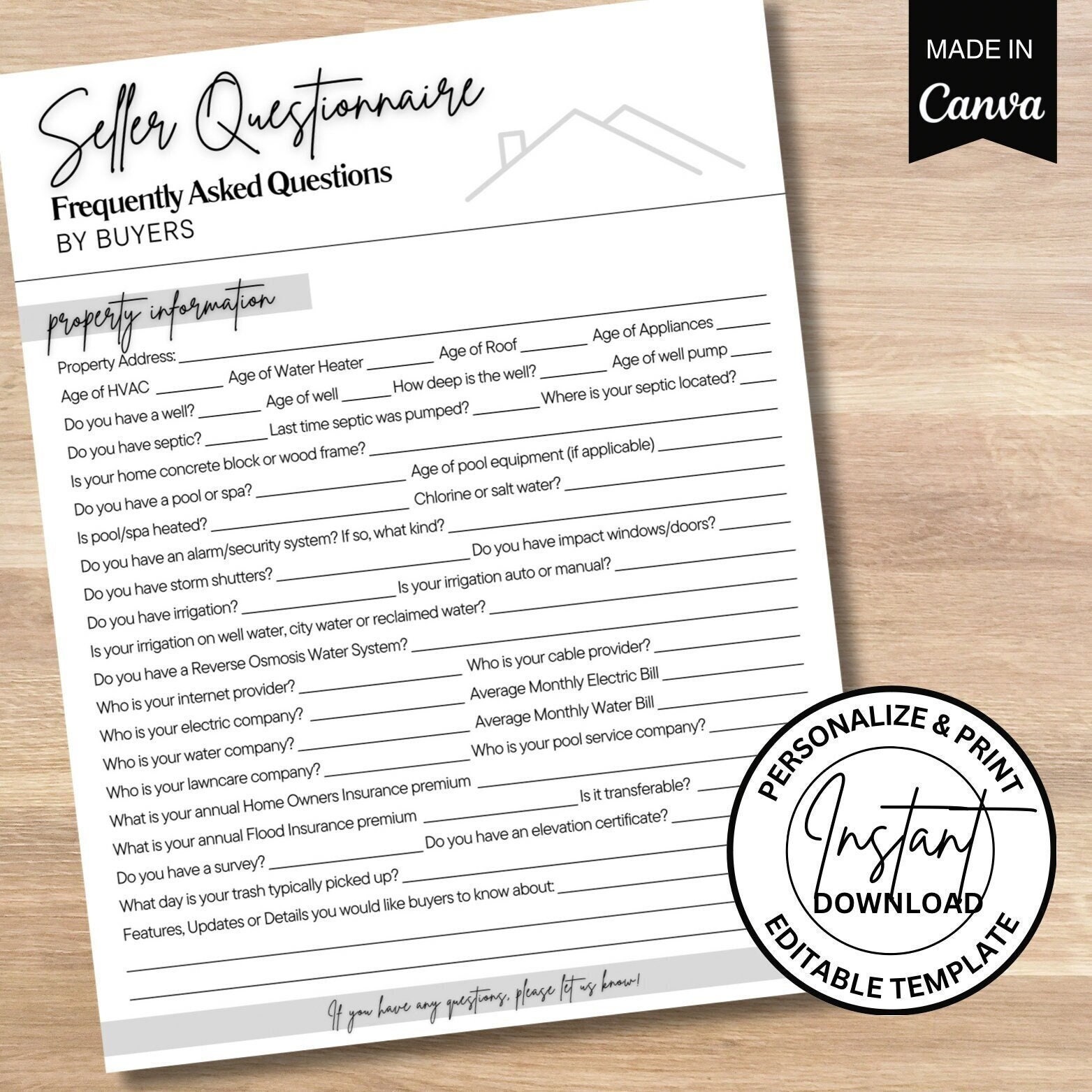 New Listing Seller Questionnaire FAQ by Buyers, Canva Template for ...