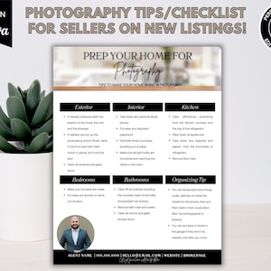 Könnte beinhalten: Eine schwarz-weiße Checkliste mit Tipps zur Vorbereitung eines Hauses für die Fotografie. Die Checkliste ist in Abschnitte für Außenbereich, Innenbereich, Küche, Schlafzimmer, Badezimmer und Organisationstipps unterteilt. Der Text enthält Sätze wie "Bereiten Sie Ihr Zuhause für die Fotografie vor" und "Tipps, damit Ihr Zuhause auf Bildern glänzt".