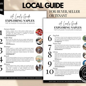 Op de afbeelding: Een zwart-witte printbare gids voor kopers, verkopers of huurders die Naples, Florida, verkennen. De gids bevat een lijst van de 10 beste plekken om te verkennen in Naples, waaronder een boerenmarkt, een koffiehuis, een boetiek, een brunchplek, een brouwerij, een hondenpark, een natuurpad, een bibliotheek, een ijssalon en restaurants.
