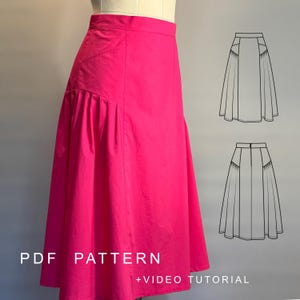 May include: A bright pink midi skirt with a high waistband and gathered side panels, displayed on a dress form. The image includes two black and white line drawing technical sketches of the skirt and the text PDF PATTERN + VIDEO TUTORIAL.