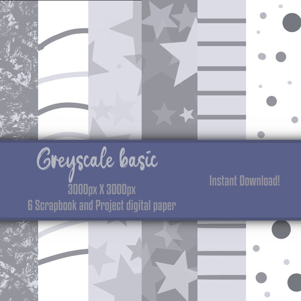 Greyscale basic digital scrapbook Paper // instant download // - junk journal, scrap, stars, monochrome, printable, Gray, paper projects