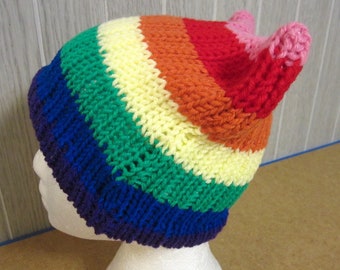 Gay PRIDE Parade Hat RAINBOW Kitty Eared Protest Beanie PussyHat LGBTQ+, Pink Stripe on Top