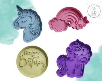 Unicorn and rainbow cookie/ cupcake topper cutters and stamp set