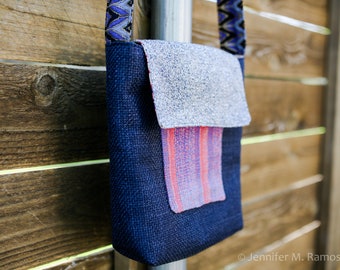 Medium Patchwork Messenger Bag with navy, blue, and muted reds