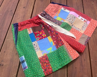 Adult Medium Patchwork shorts made from colorful estate sale fabric scraps