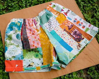 Adult XL Patchwork shorts made from fabric scraps with a mix of prints including vintage prints (extra large)