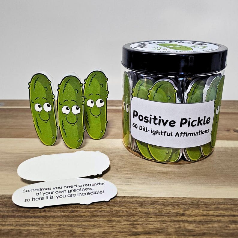 Jar of pickle themed affirmation cards with uplifting messages and punny support quotes. Great as a gift for friends or mental health.