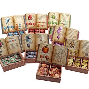 Op de afbeelding: Een verzameling open kartonnen boeken met illustraties van paddenstoelen, insecten en pompoenen, elk gecombineerd met een houten kistje gevuld met kleurrijke, genummerde spelfiches. De pagina's bevatten Duitse tekst, gedetailleerde tekeningen.