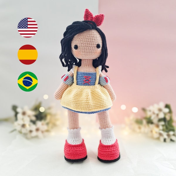 Princess Snow White Amigurumi Crochet Pattern: PDF (Eng/Esp/Por) by Pastel de Color. Patrón amigurumi Muñeca Princesa Blanca Nieves