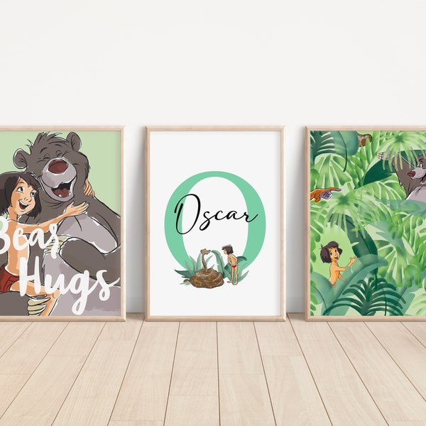 SET OF 3 Personalised Jungle Book, Kids Bedroom Decor, Disney Nursery Wall Art, Mowgli, Baloo Gifts, Name Keepsake Art