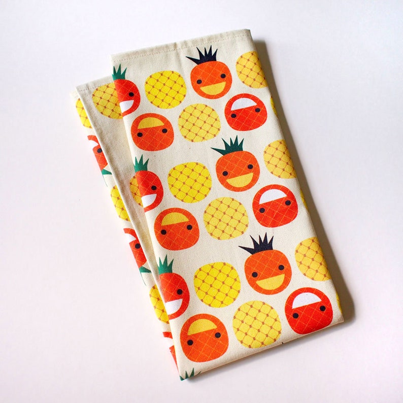 Happy Illustration Fabric Art Print Dishtowel Fruity Tropicana Tropical Fruits Cotton Linen Dish Cloth Table Decor Pineapples Tea Towel