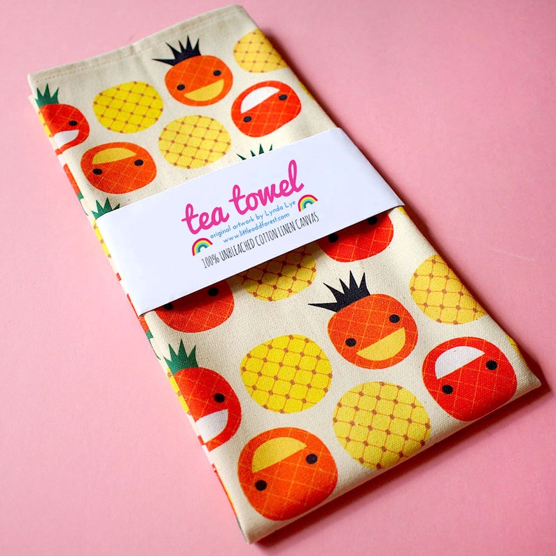 Happy Illustration Fabric Art Print Dishtowel Fruity Tropicana Tropical Fruits Cotton Linen Dish Cloth Table Decor Pineapples Tea Towel