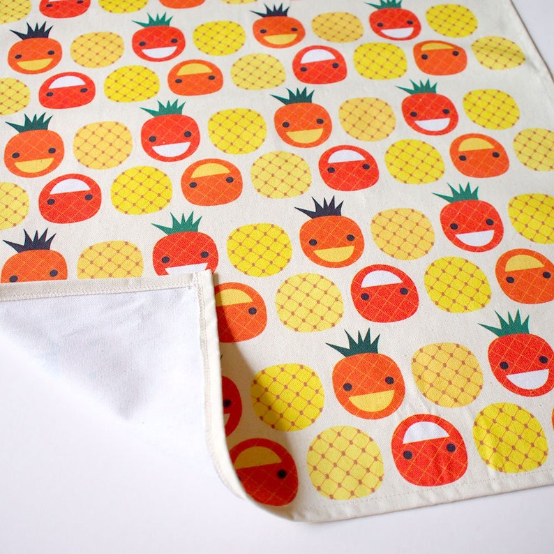 Happy Illustration Fabric Art Print Dishtowel Fruity Tropicana Tropical Fruits Cotton Linen Dish Cloth Table Decor Pineapples Tea Towel