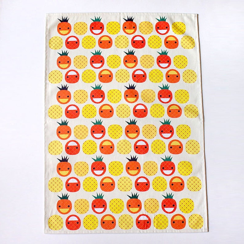 Happy Illustration Fabric Art Print Dishtowel Fruity Tropicana Tropical Fruits Cotton Linen Dish Cloth Table Decor Pineapples Tea Towel