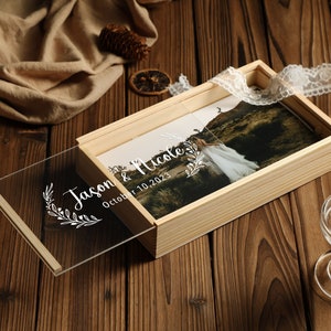 Custom Engraved Beige Wooden Photo Box with Acrylic Lid for Photos, Cards, and Keepsakes - Perfect Anniversary Gift for Couples, Newlyweds