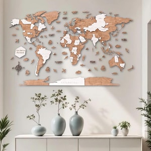 Mappa del mondo 3D, puzzle in legno, decorazione da parete, puntine da disegno, mappa in legno incisa al laser, regalo per il marito, regalo per la prima casa.