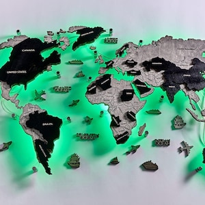 Drewniana mapa świata LED, niestandardowa sztuka ścienna do biura lub domu, minimalistyczny wystrój, mapa podróży 3D, wyjątkowy prezent dla odkrywcy, profesjonalny projekt z drewna