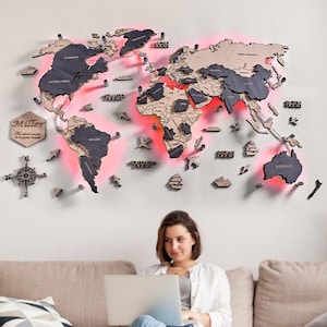 Mappa del mondo in legno a LED, design minimalista unico, mappa di viaggio personalizzata, decorazione da parete in legno, grande decorazione per camera da letto, estetica, appartamento, regalo per la casa