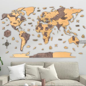 3D wereldkaart houten muurkunst muur hangend decor appartement decor reiskaart jubileum cadeau wereldpuzzel houten push pins reiskaart met spelden