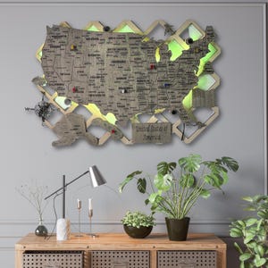 Mapa de EE. UU. de madera con retroiluminación LED personalizable, mapa de Estados Unidos, mapa de viaje con alfileres, decoración brillante para el hogar, regalo para entusiastas de los viajes a EE. UU., mapa 3D