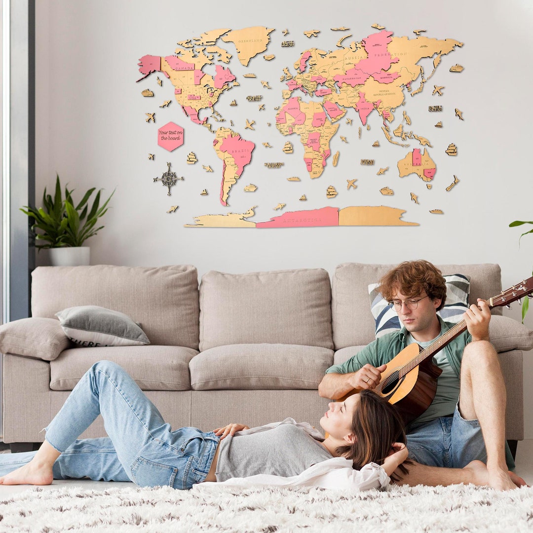 Wooden World Map, Large Wall Decor for Living Room, World Map Wall Art ...