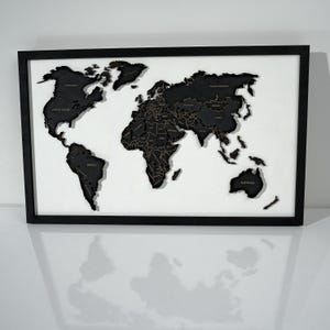 Carte du monde en bois noire personnalisée 3D, carte du monde unique, art déco mural, idée cadeau d'anniversaire, décoration de bureau, carte de voyage en bois, art déco mural minimaliste