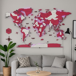 LED Wooden World Map Custom Wooden World Map Wall Decor 3D LED Backlit Travel Map Personalized Memory Display Wooden Map Gift for Families