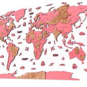 Cadeau pour la fête des mères Carte du monde 3D en bois rose double couche Design minimaliste unique Carte du monde 3D en bois à suspendre, carte de voyage, décoration murale pour salon