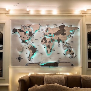 Aangepaste houten wanddecoratie kaart, 3D led houten wereldkaartweergave, reisplanningskaart, led-achtergrondverlichting aangepaste geheugenkaart, cadeau stellen en gezinnen