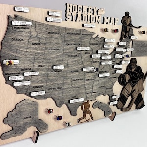 Mapa Stadionu USA Drewniana Dekoracja Ścienna Podróże do Stanów Zjednoczonych Stadion Hokejowy Prezent Miłośnika Hokeja Mapa USA Z Pinami 3D Puzzle Światowe Dekoracja Prezent dla Niego