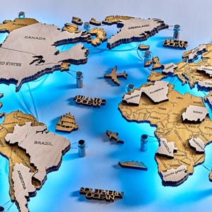 Mapa del mundo de madera LED dorado, elegante decoración de pared 3D para sala de estar, gran decoración, regalo único para el Día del Padre, mapa del mundo con iluminación, pieza de arte de pared de madera
