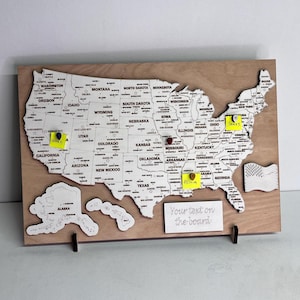 Carte des États-Unis, art américain encadré, carte des États-Unis avec épingles, décoration d'intérieur, affichage mural, carte des États-Unis en bois avec épingles, cadeau voyageur, cadeau fête des pères