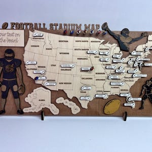 Carte du stade de rugby USA en bois stade de rugby Tracker punaises Décoration murale 3D Carte de voyage Cadeau personnalisé pour papa Carte de rugby Décoration d'intérieur unique
