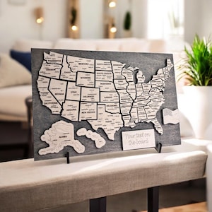 Carte des États-Unis en bois pour voyageur, décoration murale des États-Unis, cadeau d'anniversaire unique, art en bois, carte des États-Unis, tenture murale, cadeau de fête des pères, décoration de voyage