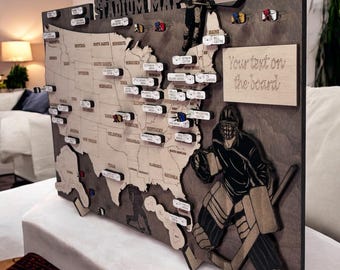 USA Hockey Stadium Map Personalized Wooden Map NHL Arena Tracker Unique Gift for Hockey Fans Sports Travel Wall Decor Hockey Arena