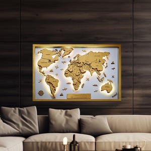 Mapa del mundo de madera con iluminación LED para decoración de pared, mapa personalizado en 3D, regalo de recuerdo, arte de madera, regalo de inauguración de la casa, mapa con luces, pieza decorativa de pared