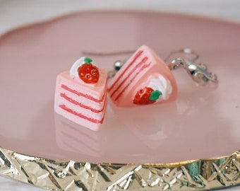 Boucles d'oreilles tranche de gâteau aux fraises - Boucles d'oreilles pendantes charme