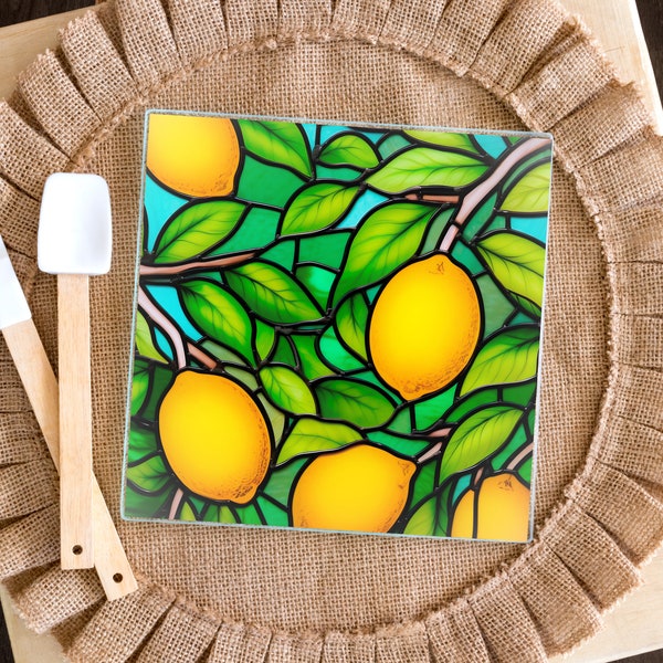 Lemons Tree-Square Glass Cutting Board/Trivet/Charcuterie Board/ Home decor/ House warming/Wedding gift/ Glass art/Cheese tray/Stained Glass