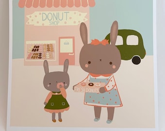 Bunnies Buy Donuts Illustrated Art Print