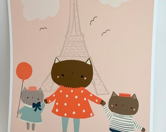 Kitties in Paris Illustrated Art Print