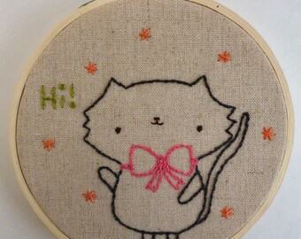 Hi! Kitty - Embroidered Illustration on Linen