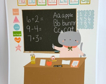 Miss Tabby Teaches Cat School Illustrated Art Print