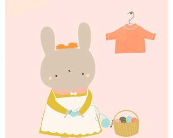 Knitting Bunny Illustrated Art Print